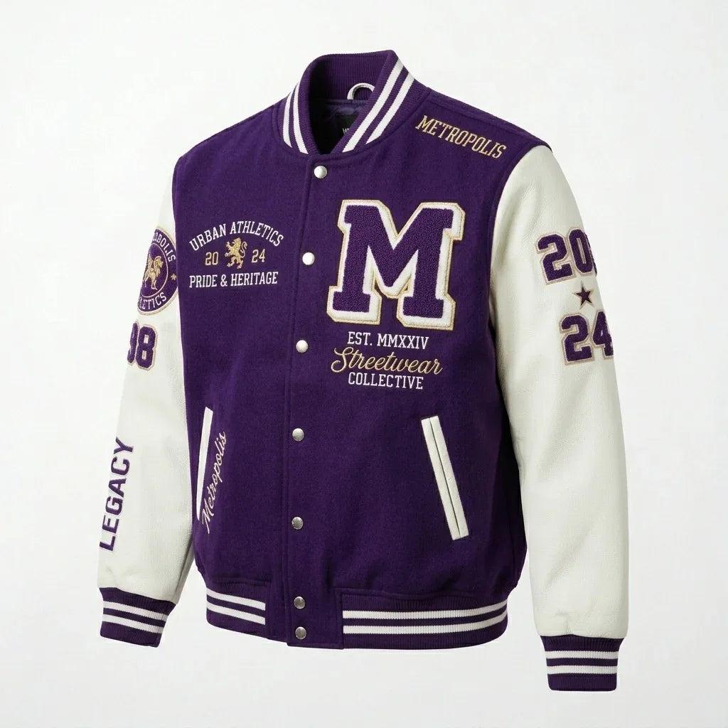 Purple & White Metropolis Varsity Jacket by Design My Varsity – Urban Athletics Oversized Streetwear Jacket by DesignMyV