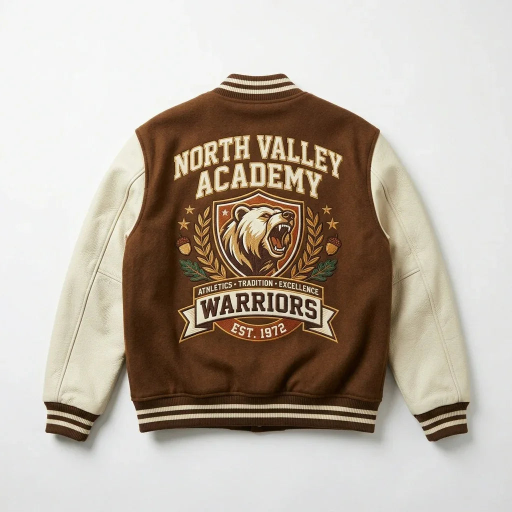 Brown & Cream Warriors Varsity Jacket by Design My Varsity – North Valley Academy Streetwear Jacket by DesignMyVarsity