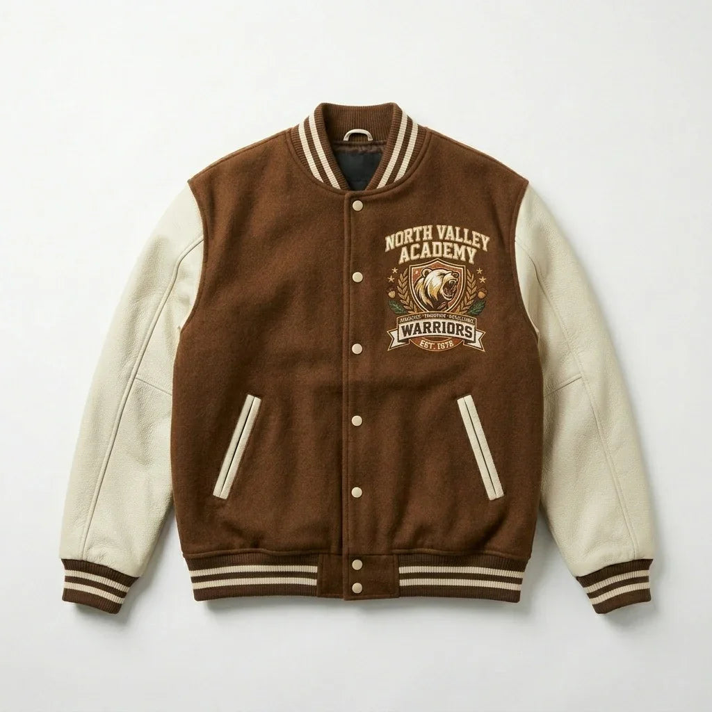 Brown & Cream Warriors Varsity Jacket by Design My Varsity – North Valley Academy Streetwear Jacket by DesignMyVarsity