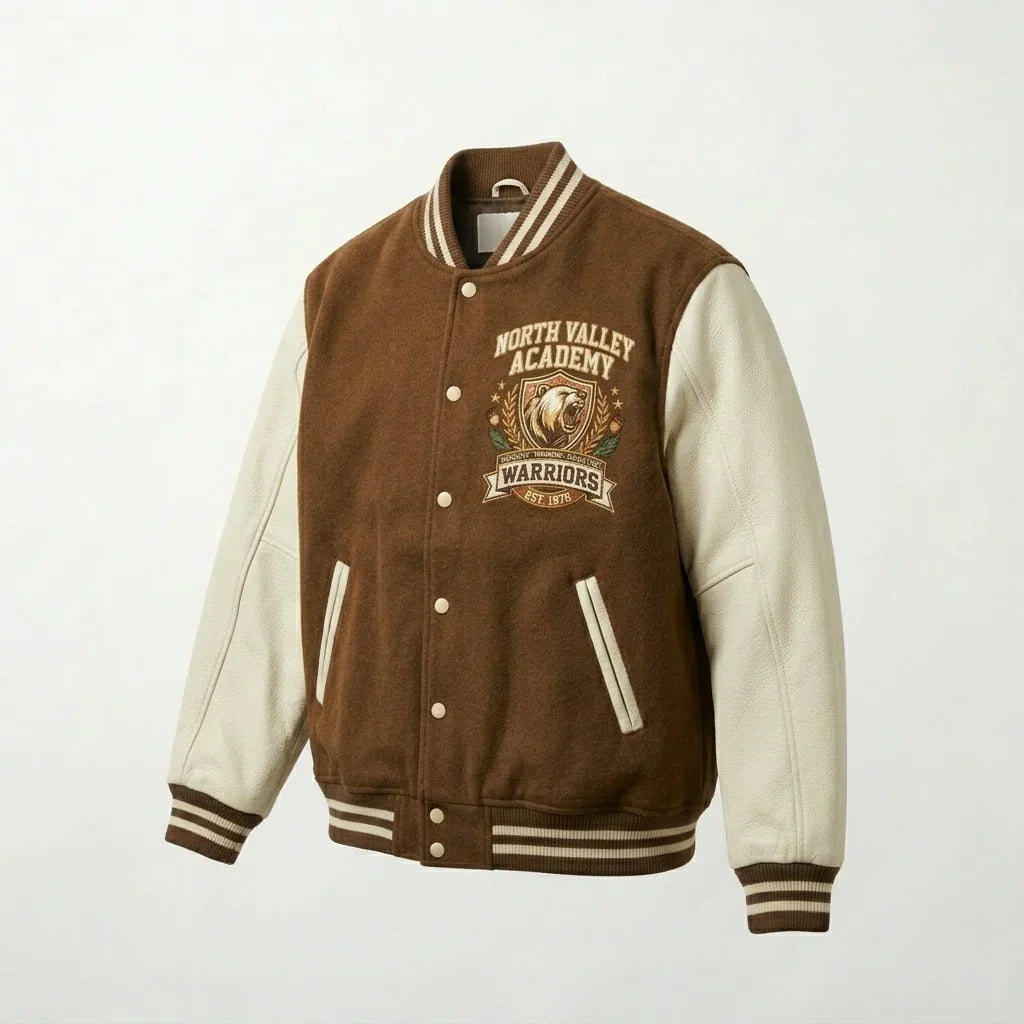 Brown & Cream Warriors Varsity Jacket by Design My Varsity – North Valley Academy Streetwear Jacket by DesignMyVarsity