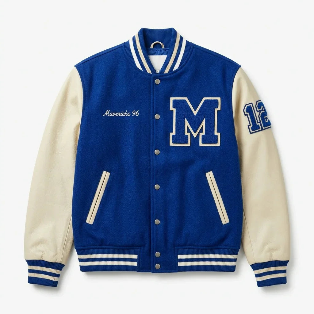 Blue & Cream Classic Varsity Jacket by Design My Varsity – Mavericks Style Oversized Streetwear Jacket by DesignMyVarsit