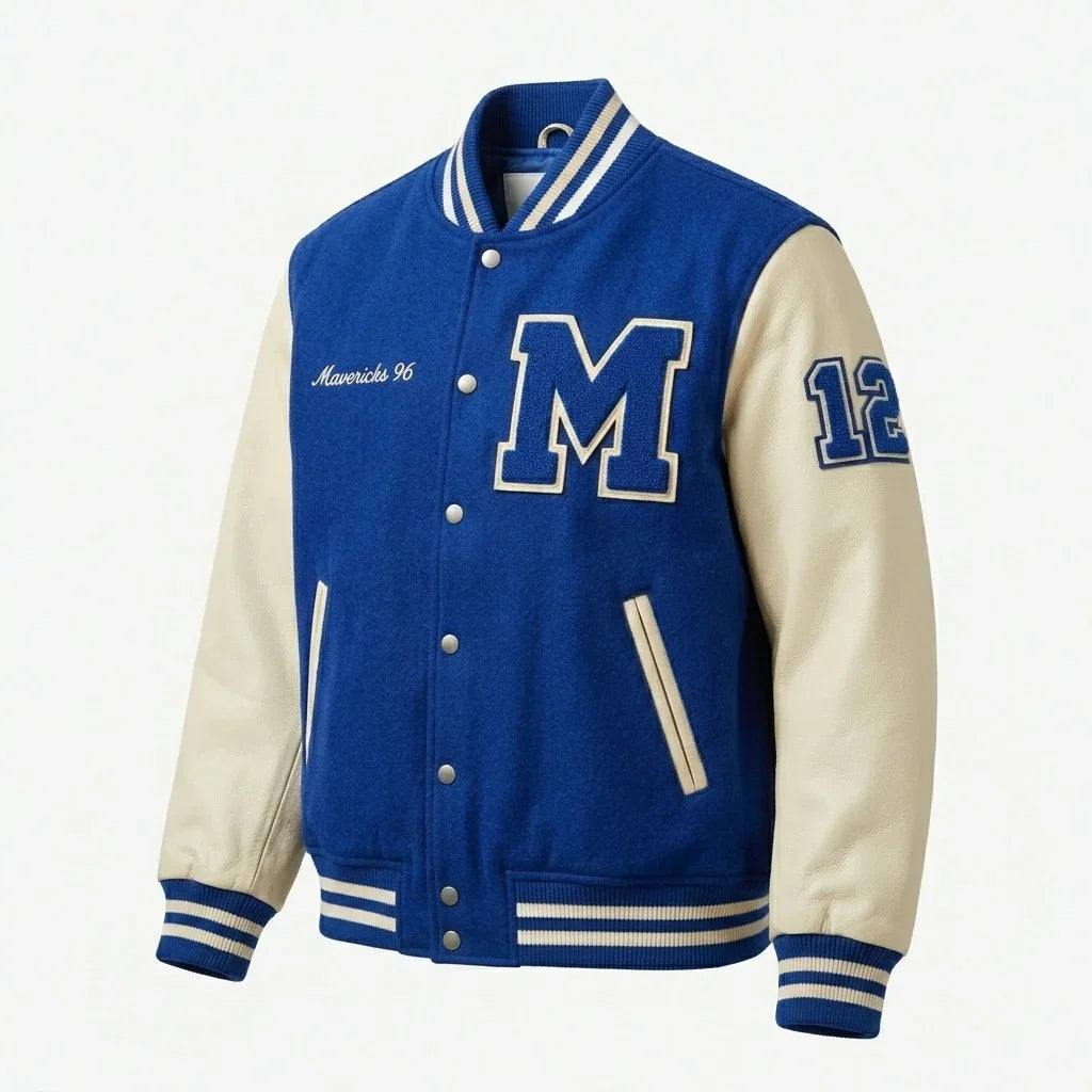 Blue & Cream Classic Varsity Jacket by Design My Varsity – Mavericks Style Oversized Streetwear Jacket by DesignMyVarsit