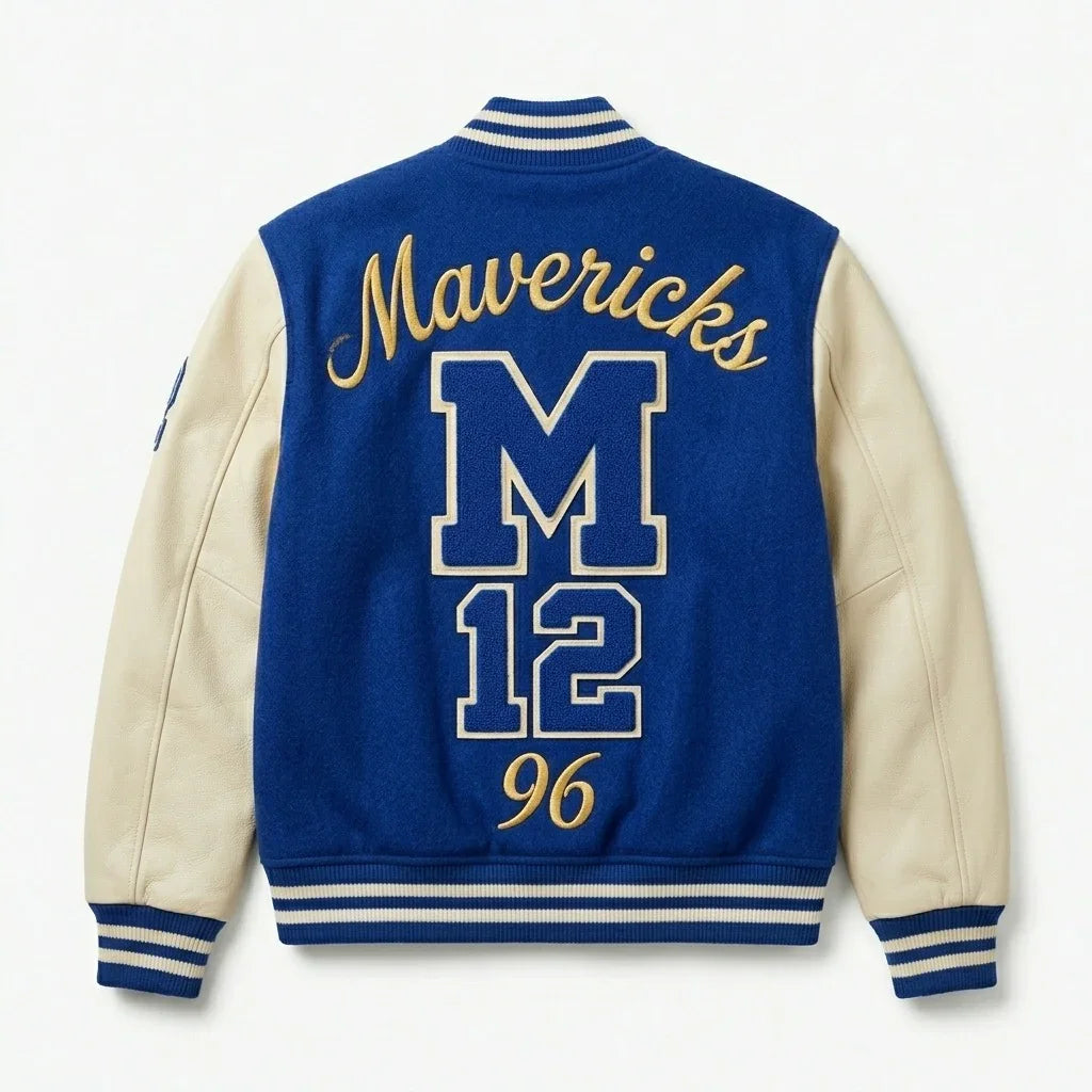 Blue & Cream Classic Varsity Jacket by Design My Varsity – Mavericks Style Oversized Streetwear Jacket by DesignMyVarsit