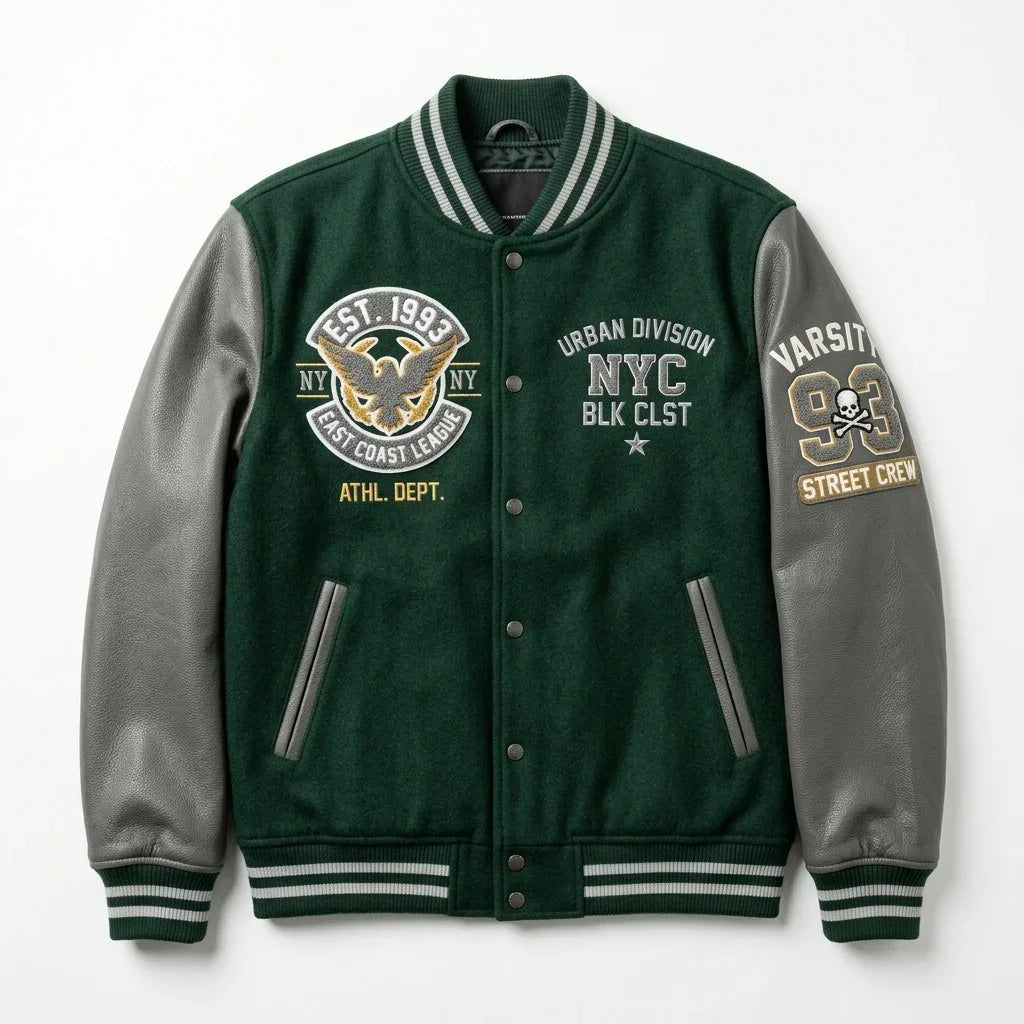 Dark Green NYC Varsity Jacket by Design My Varsity – East Coast League Urban Division Streetwear Jacket by DesignMyVarsi