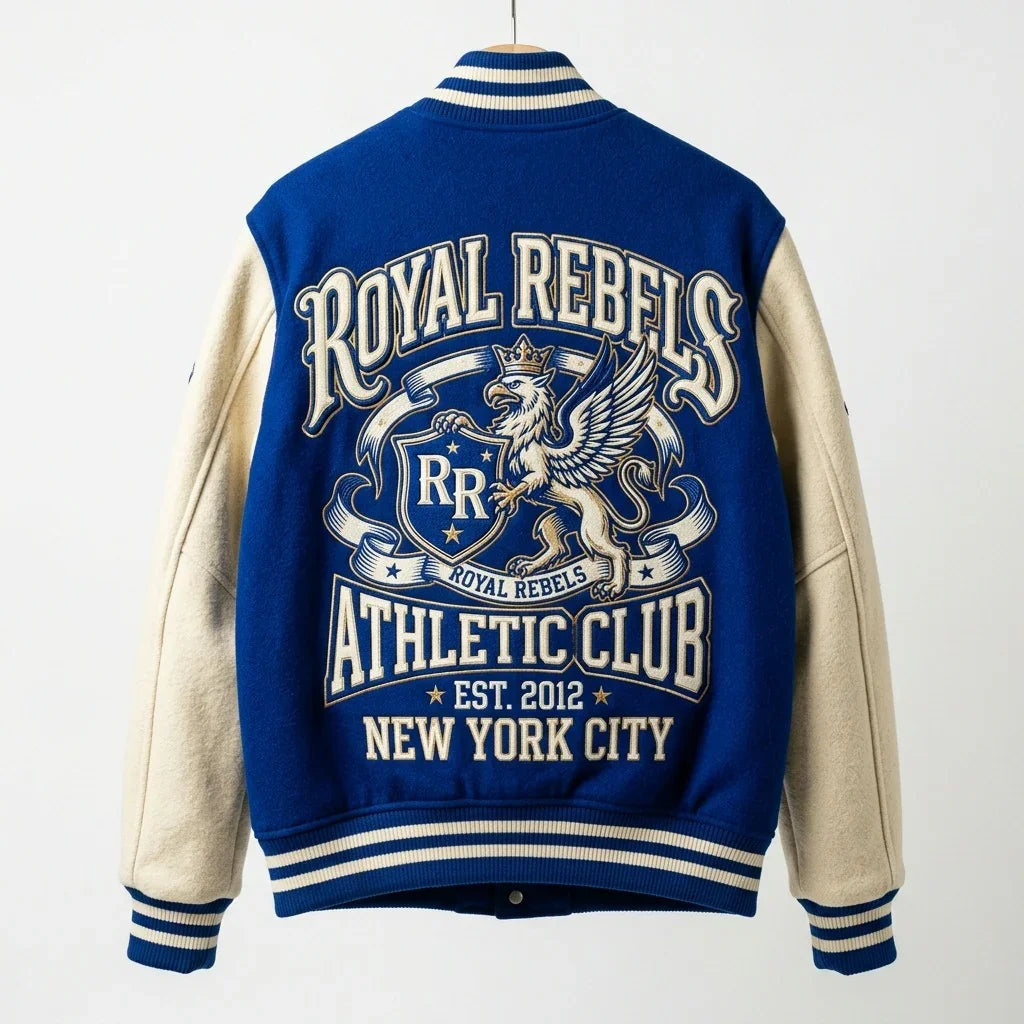 Blue & Cream Royal Rebels Varsity Jacket by Design My Varsity – Premium Athletic Club Streetwear Jacket by DesignMyVarsi