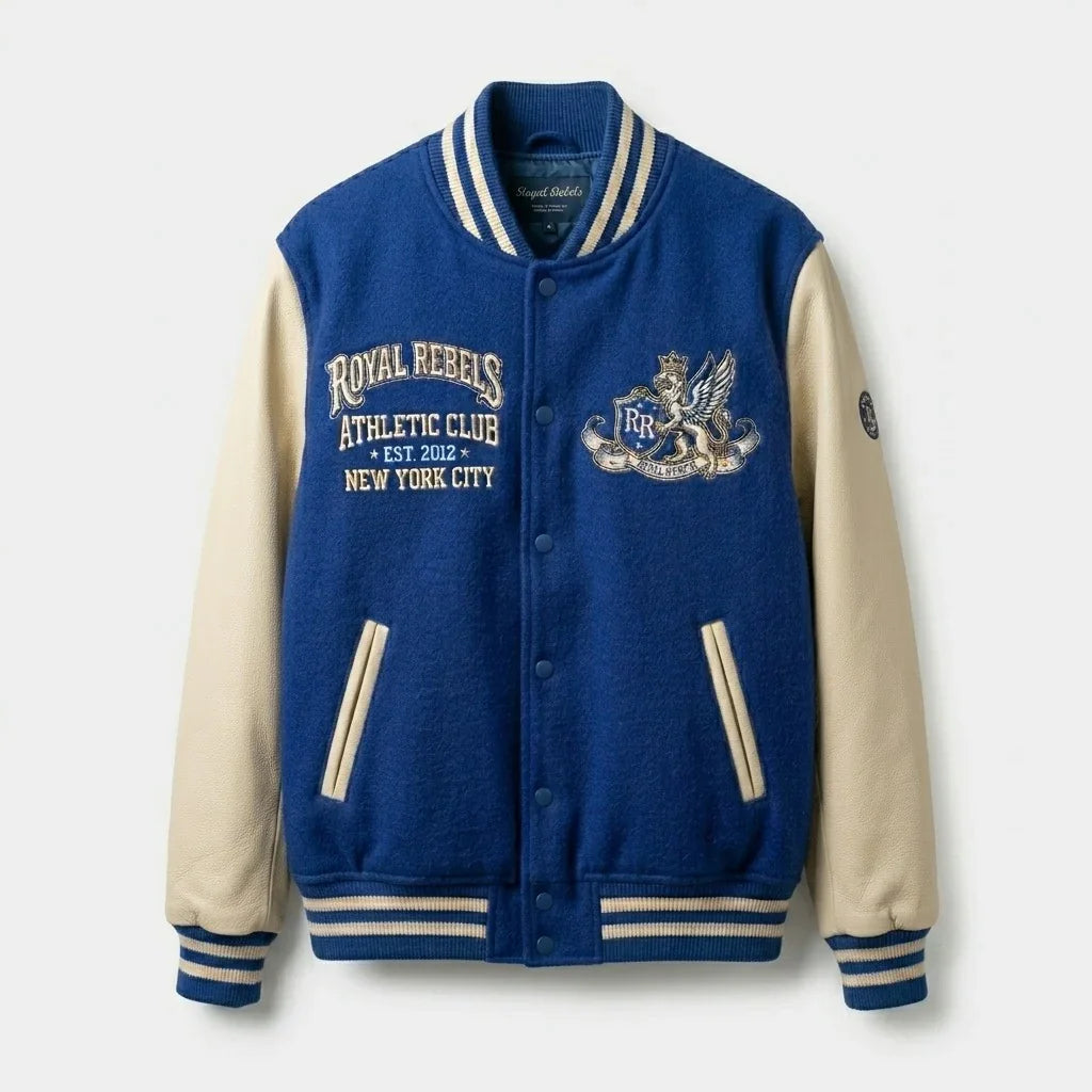 Blue & Cream Royal Rebels Varsity Jacket by Design My Varsity – Premium Athletic Club Streetwear Jacket by DesignMyVarsi