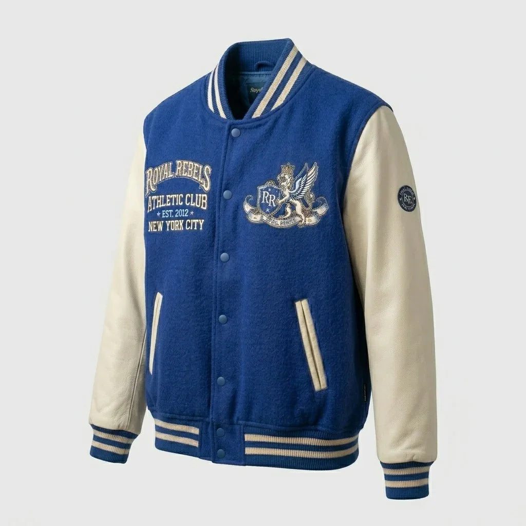 Blue & Cream Royal Rebels Varsity Jacket by Design My Varsity – Premium Athletic Club Streetwear Jacket by DesignMyVarsi