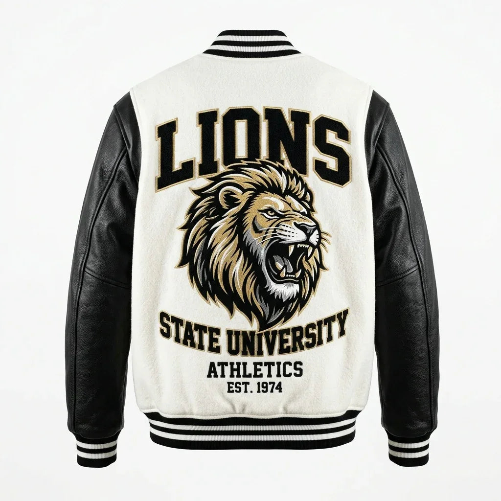 Black & White Lions Varsity Jacket by Design My Varsity – Classic University Streetwear Jacket by DesignMyVarsity