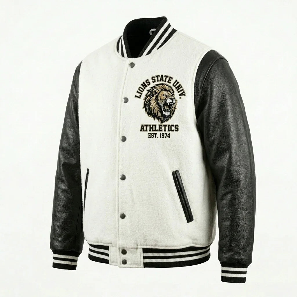 Black & White Lions Varsity Jacket by Design My Varsity – Classic University Streetwear Jacket by DesignMyVarsity