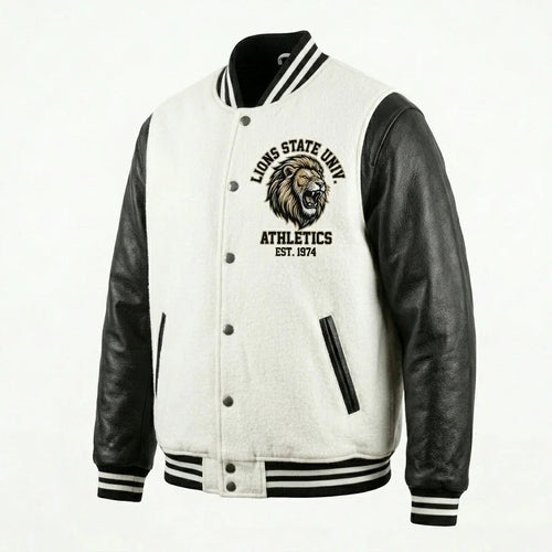 Black & White Lions Varsity Jacket by Design My Varsity – Classic University Streetwear Jacket by DesignMyVarsity