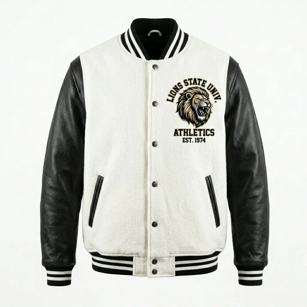 Black & White Lions Varsity Jacket by Design My Varsity – Classic University Streetwear Jacket by DesignMyVarsity