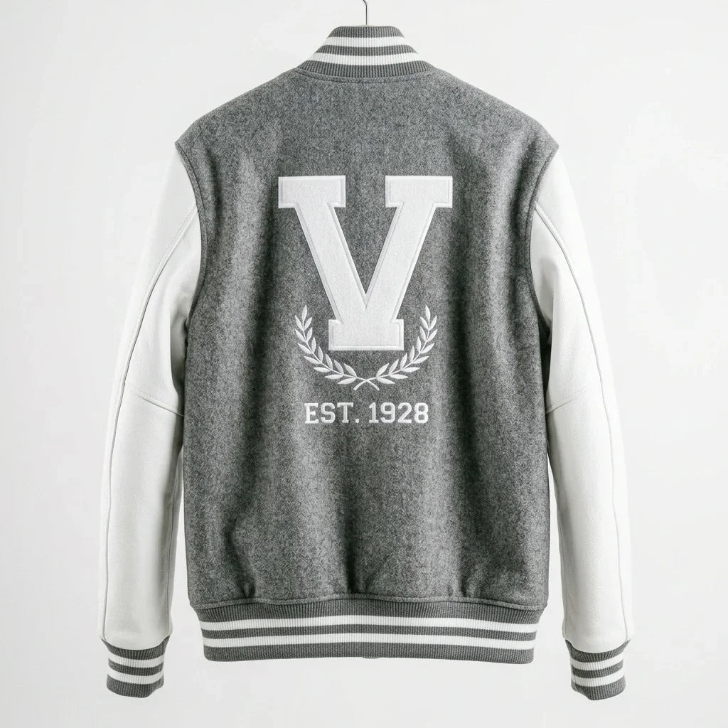 Grey & Cream Minimal Varsity Jacket by Design My Varsity – V Athletic Dept. Oversized Streetwear Jacket by DesignMyVarsi