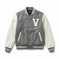 Grey & Cream Minimal Varsity Jacket by Design My Varsity – V Athletic Dept. Oversized Streetwear Jacket by DesignMyVarsi