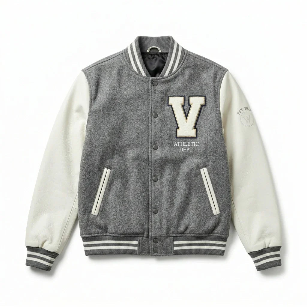 Grey & Cream Minimal Varsity Jacket by Design My Varsity – V Athletic Dept. Oversized Streetwear Jacket by DesignMyVarsi