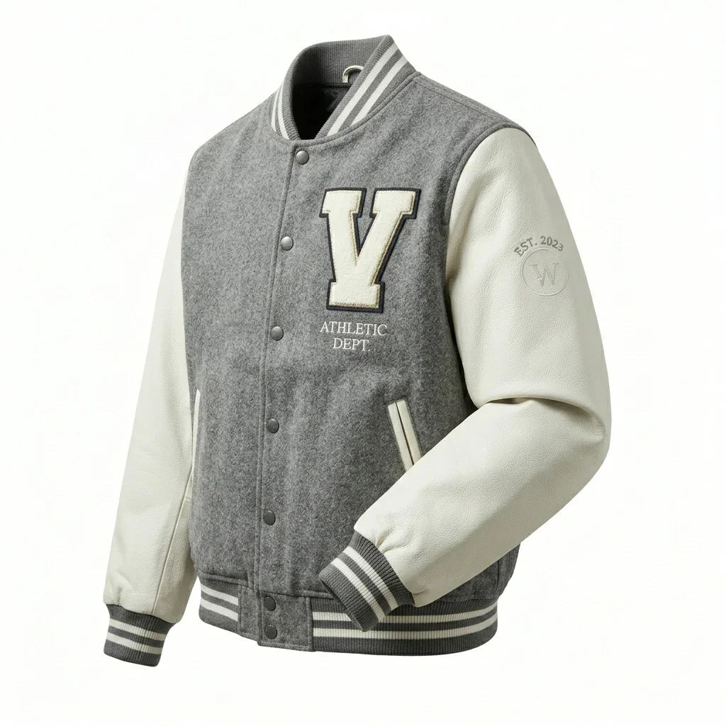 Grey & Cream Minimal Varsity Jacket by Design My Varsity – V Athletic Dept. Oversized Streetwear Jacket by DesignMyVarsi