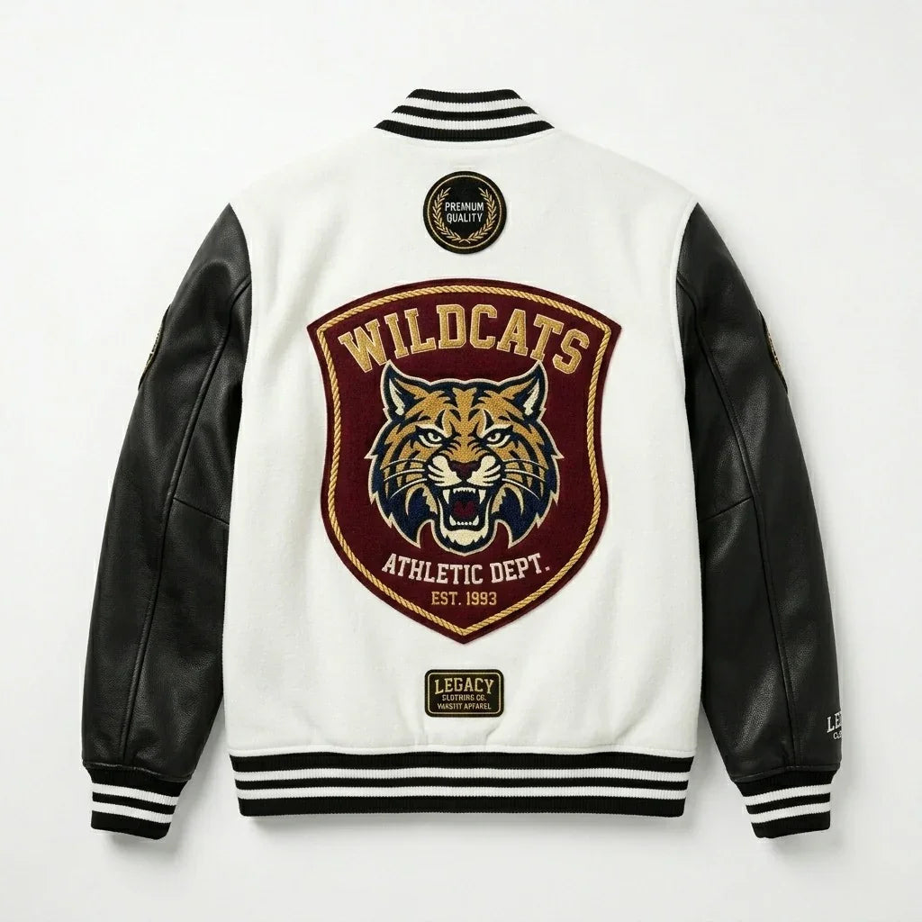 Black & White Wildcats Varsity Jacket by Design My Varsity – Premium Streetwear Jacket by DesignMyVarsity