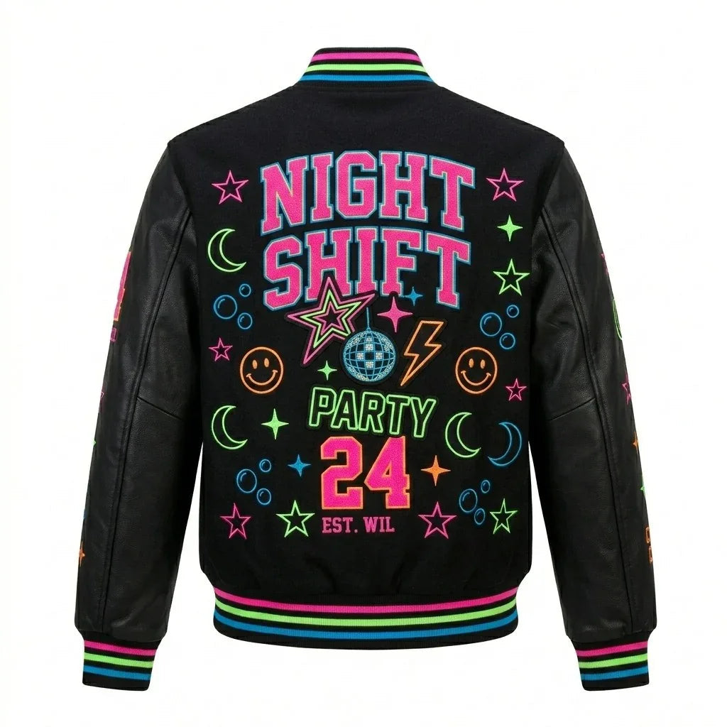 Night Shift Party Varsity Jacket – Neon Streetwear Jacket by Design My Varsity by DesignMyVarsity