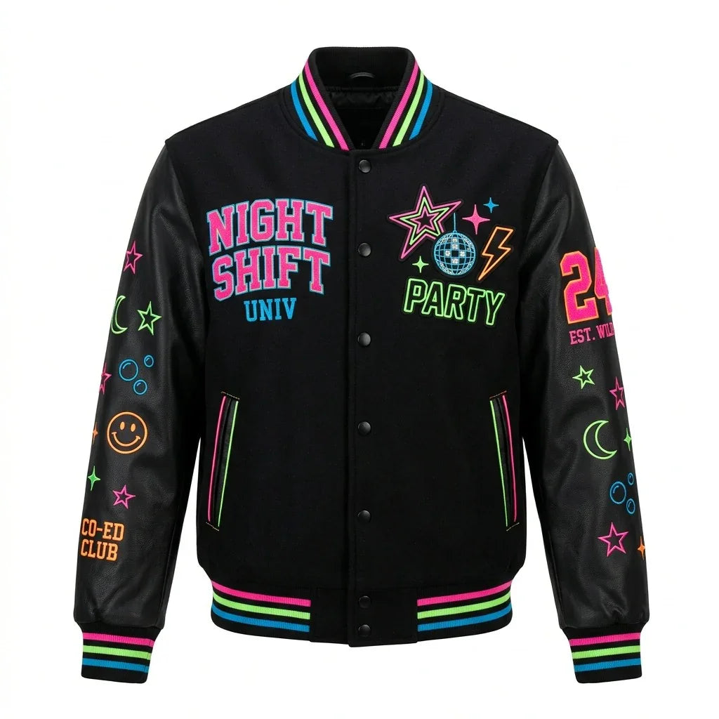 Night Shift Party Varsity Jacket – Neon Streetwear Jacket by Design My Varsity by DesignMyVarsity
