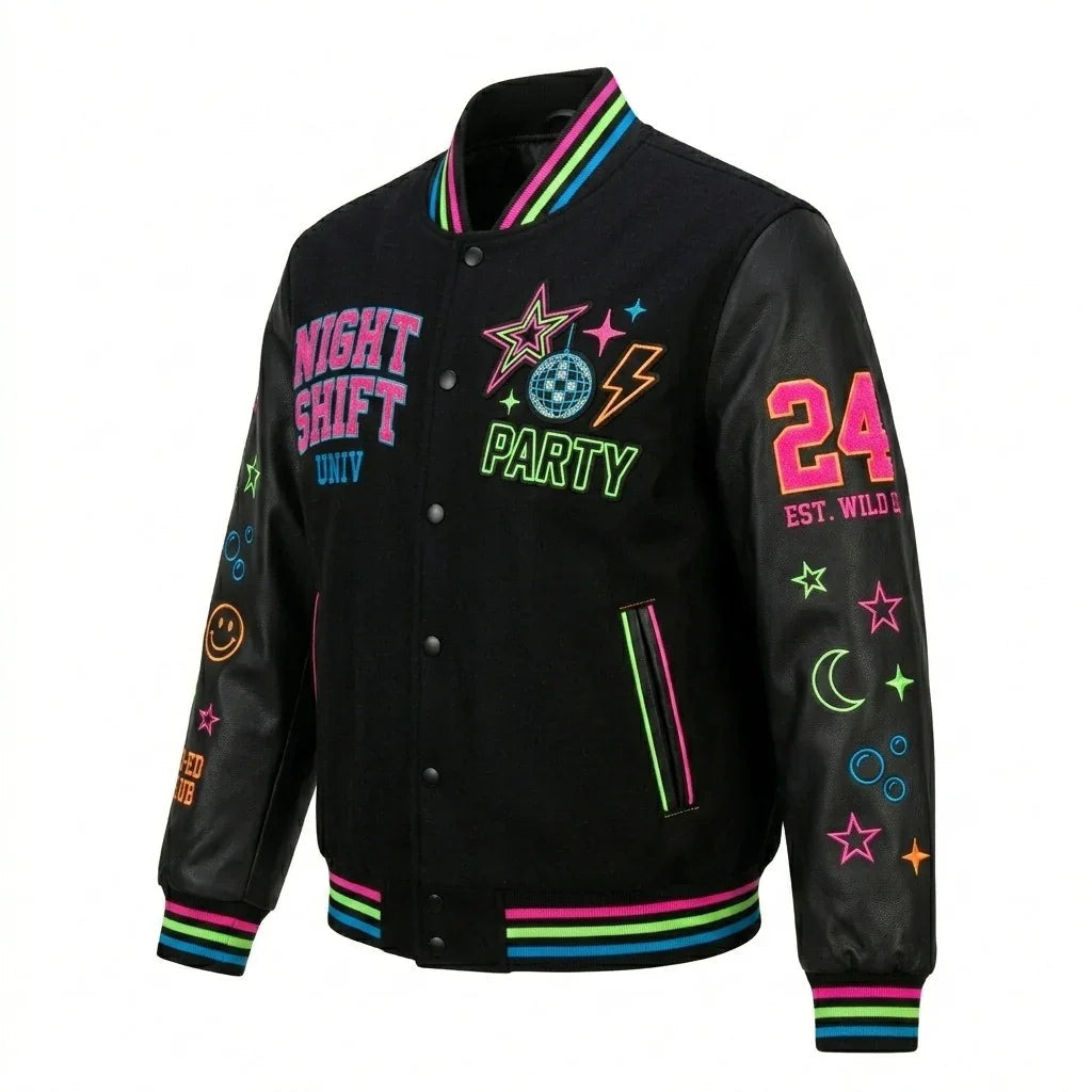 Night Shift Party Varsity Jacket – Neon Streetwear Jacket by Design My Varsity by DesignMyVarsity