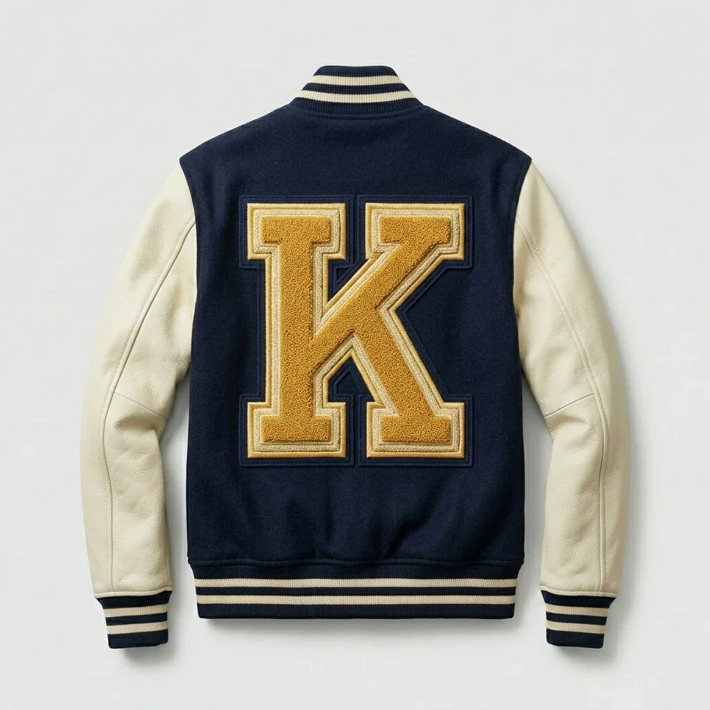Navy & Cream Classic Varsity Jacket by Design My Varsity – F Letter Minimal Streetwear Jacket by DesignMyVarsity