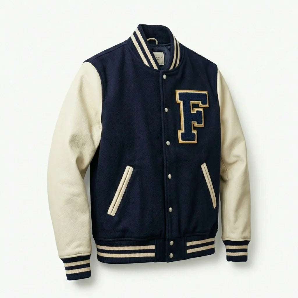 Navy & Cream Classic Varsity Jacket by Design My Varsity – F Letter Minimal Streetwear Jacket by DesignMyVarsity