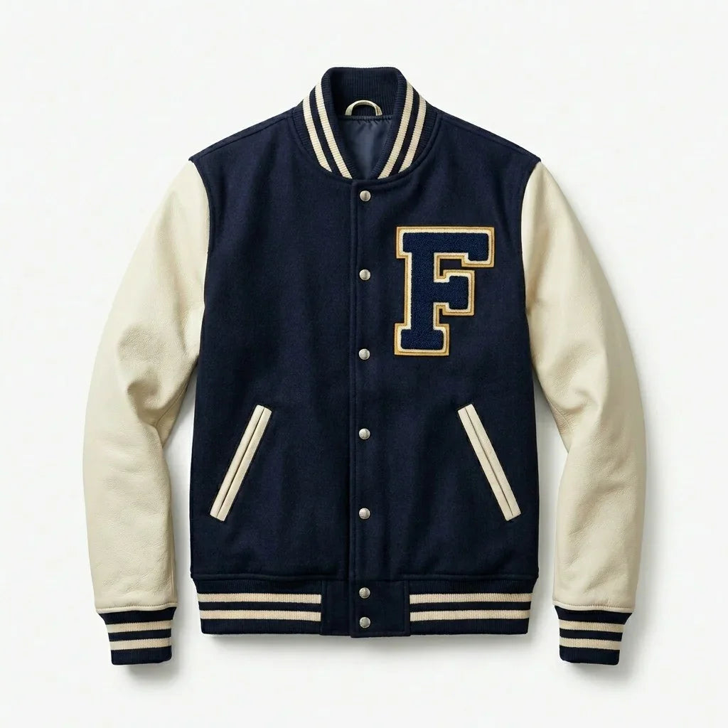 Navy & Cream Classic Varsity Jacket by Design My Varsity – F Letter Minimal Streetwear Jacket by DesignMyVarsity