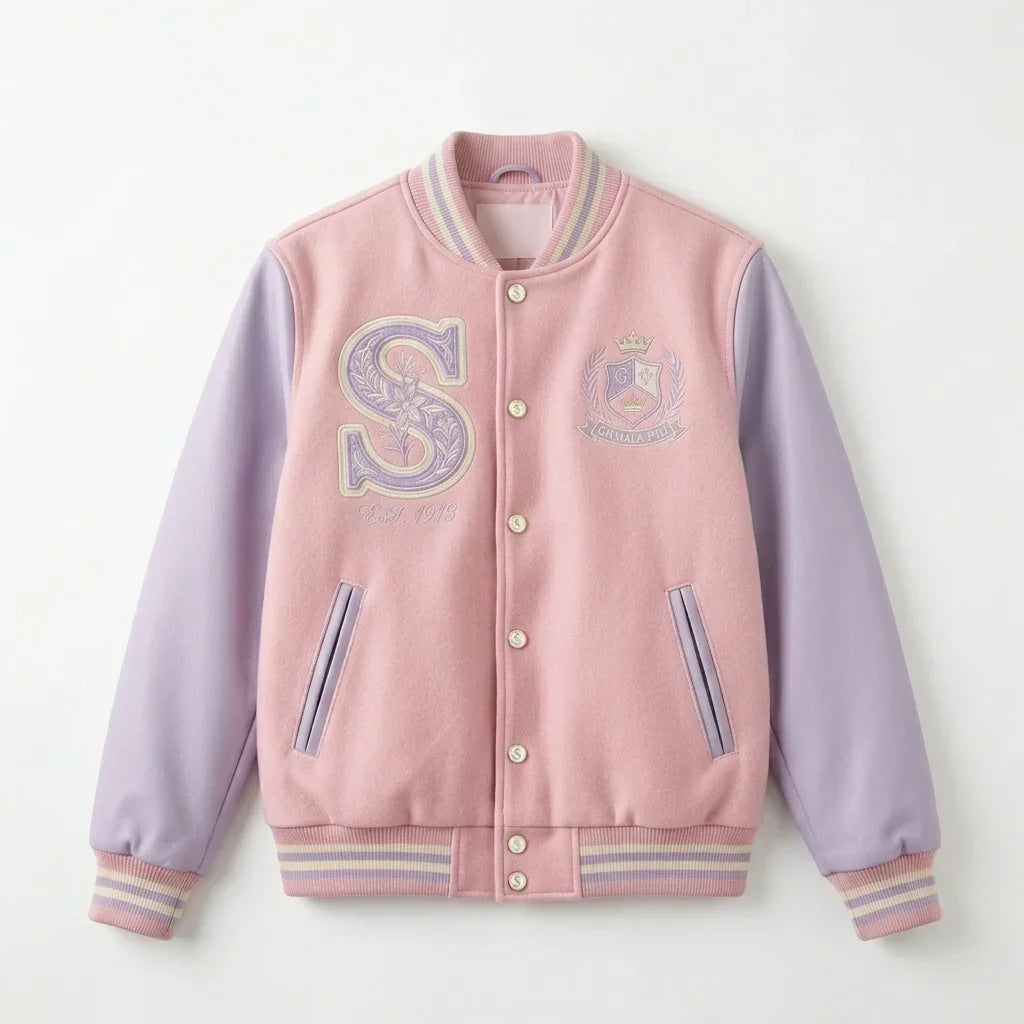 Pink & Lavender Varsity Jacket by Design My Varsity – Soft Aesthetic Streetwear Jacket for Women by DesignMyVarsity