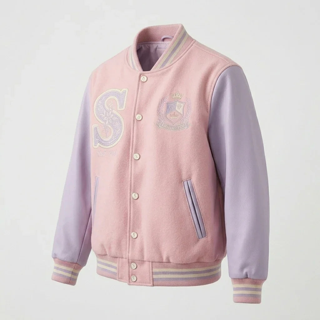 Pink & Lavender Varsity Jacket by Design My Varsity – Soft Aesthetic Streetwear Jacket for Women by DesignMyVarsity