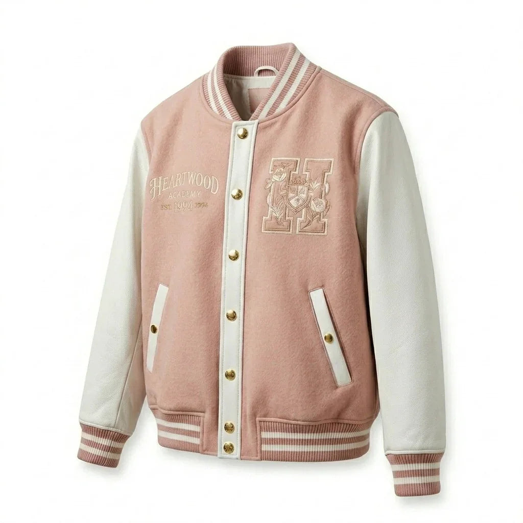 Pink & Cream Heartwood Varsity Jacket by Design My Varsity – Elegant Aesthetic Streetwear Jacket by DesignMyVarsity