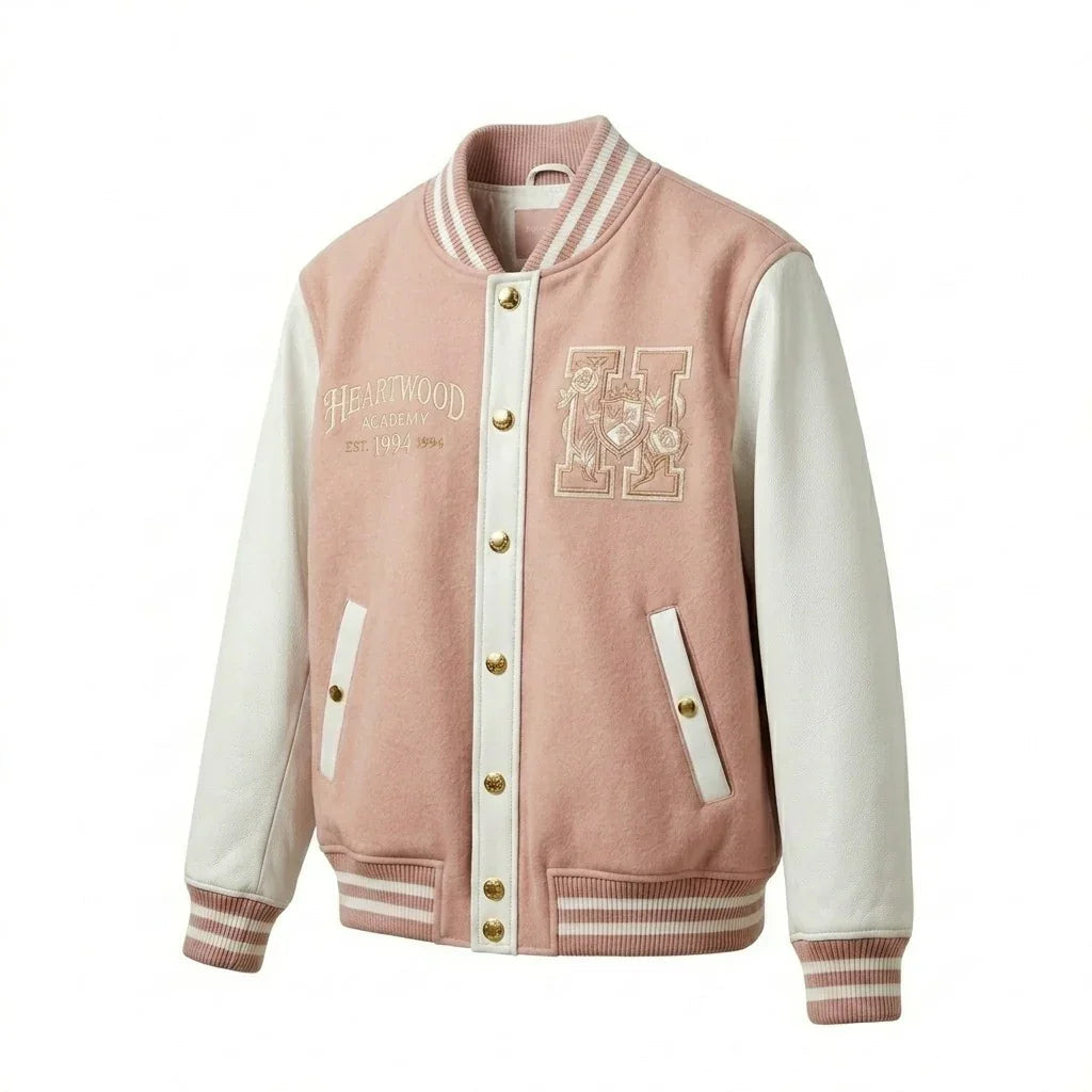 Pink & Cream Heartwood Varsity Jacket by Design My Varsity – Elegant Aesthetic Streetwear Jacket by DesignMyVarsity