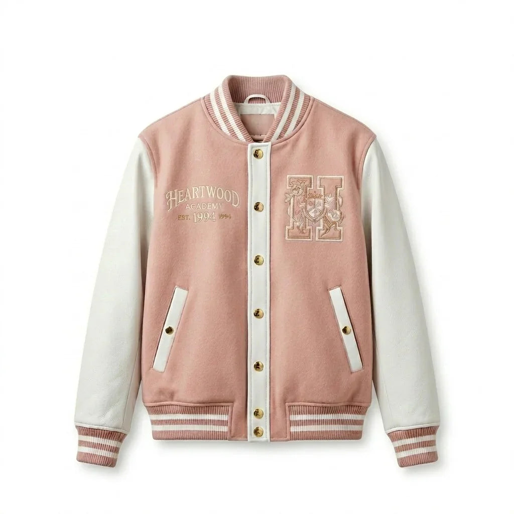 Pink & Cream Heartwood Varsity Jacket by Design My Varsity – Elegant Aesthetic Streetwear Jacket by DesignMyVarsity