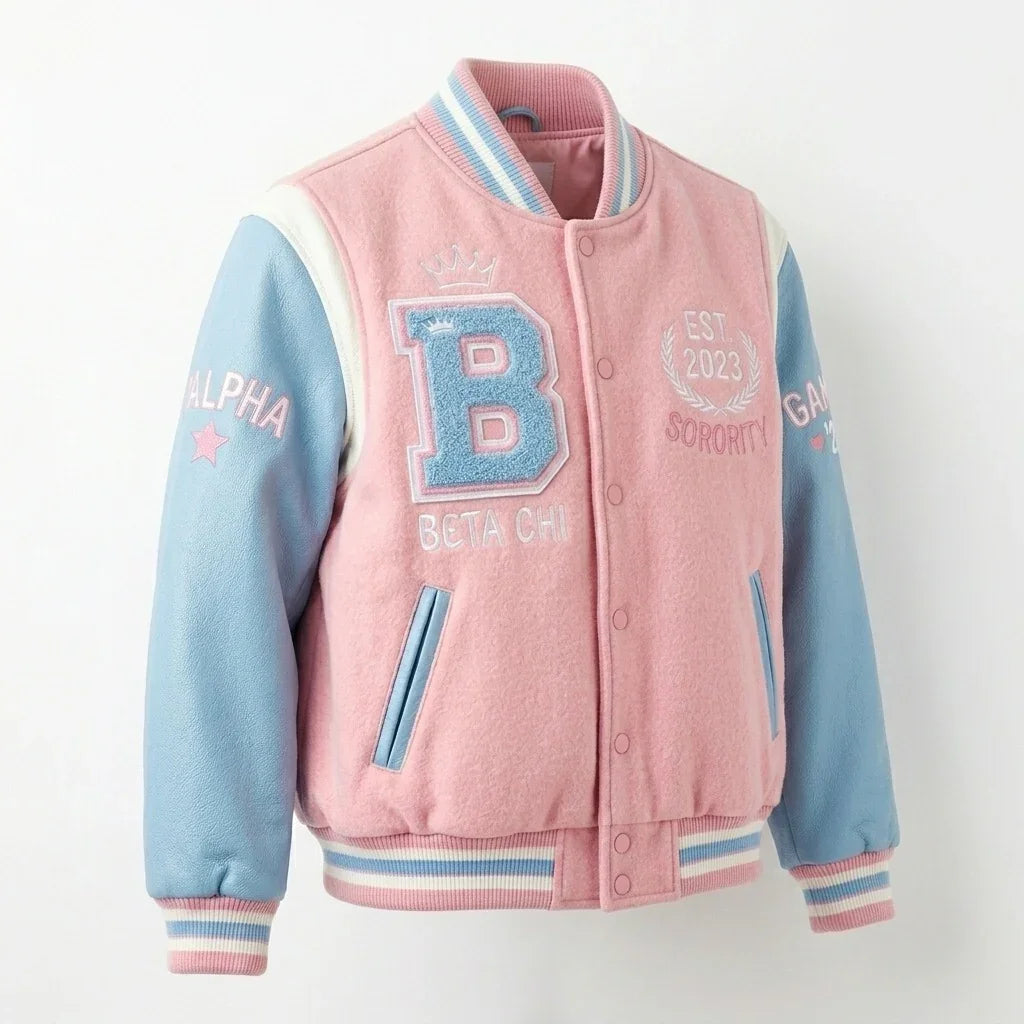 Beta Chi Sorority Varsity Jacket by Design My Varsity – Pink & Blue Greek Life Aesthetic Jacket by DesignMyVarsity