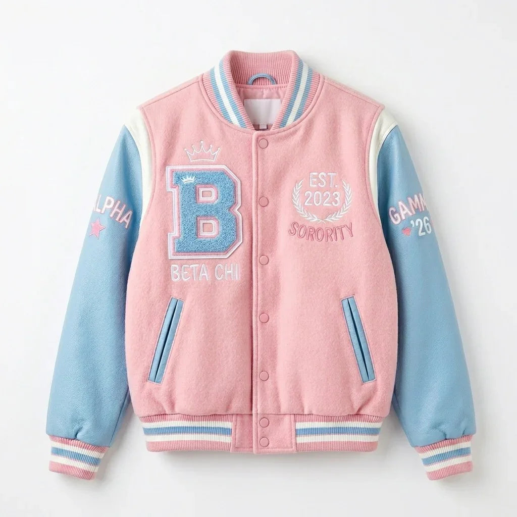 Beta Chi Sorority Varsity Jacket by Design My Varsity – Pink & Blue Greek Life Aesthetic Jacket by DesignMyVarsity