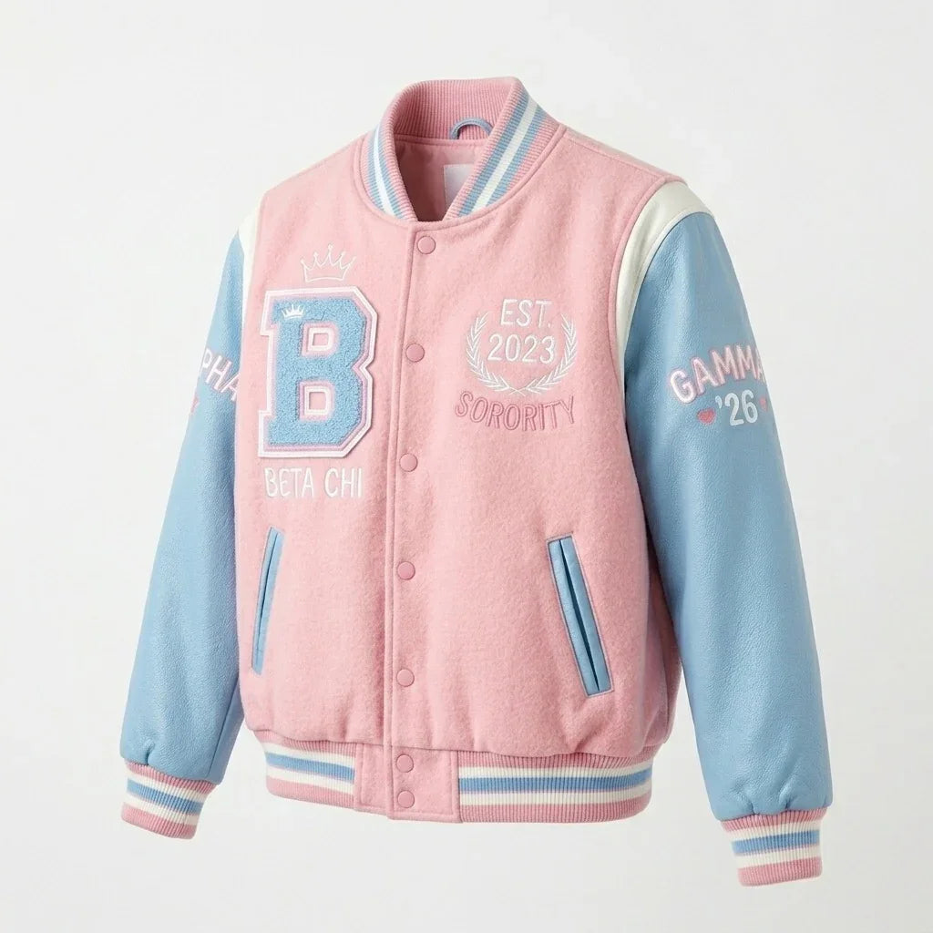 Beta Chi Sorority Varsity Jacket by Design My Varsity – Pink & Blue Greek Life Aesthetic Jacket by DesignMyVarsity