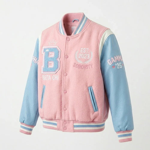 Beta Chi Sorority Varsity Jacket by Design My Varsity – Pink & Blue Greek Life Aesthetic Jacket by DesignMyVarsity