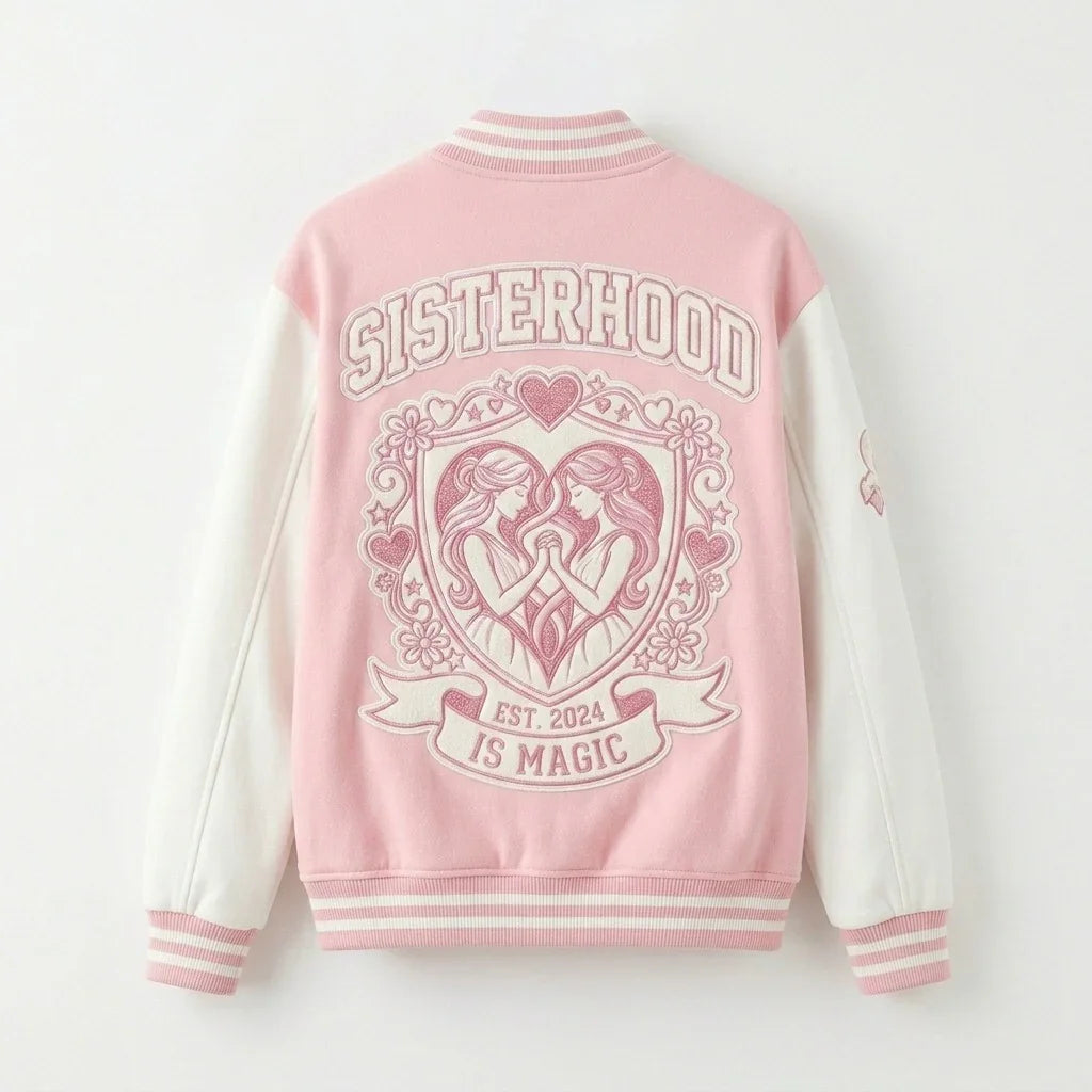 Sisterhood Varsity Jacket by Design My Varsity – Pink Aesthetic Jacket by DesignMyVarsity