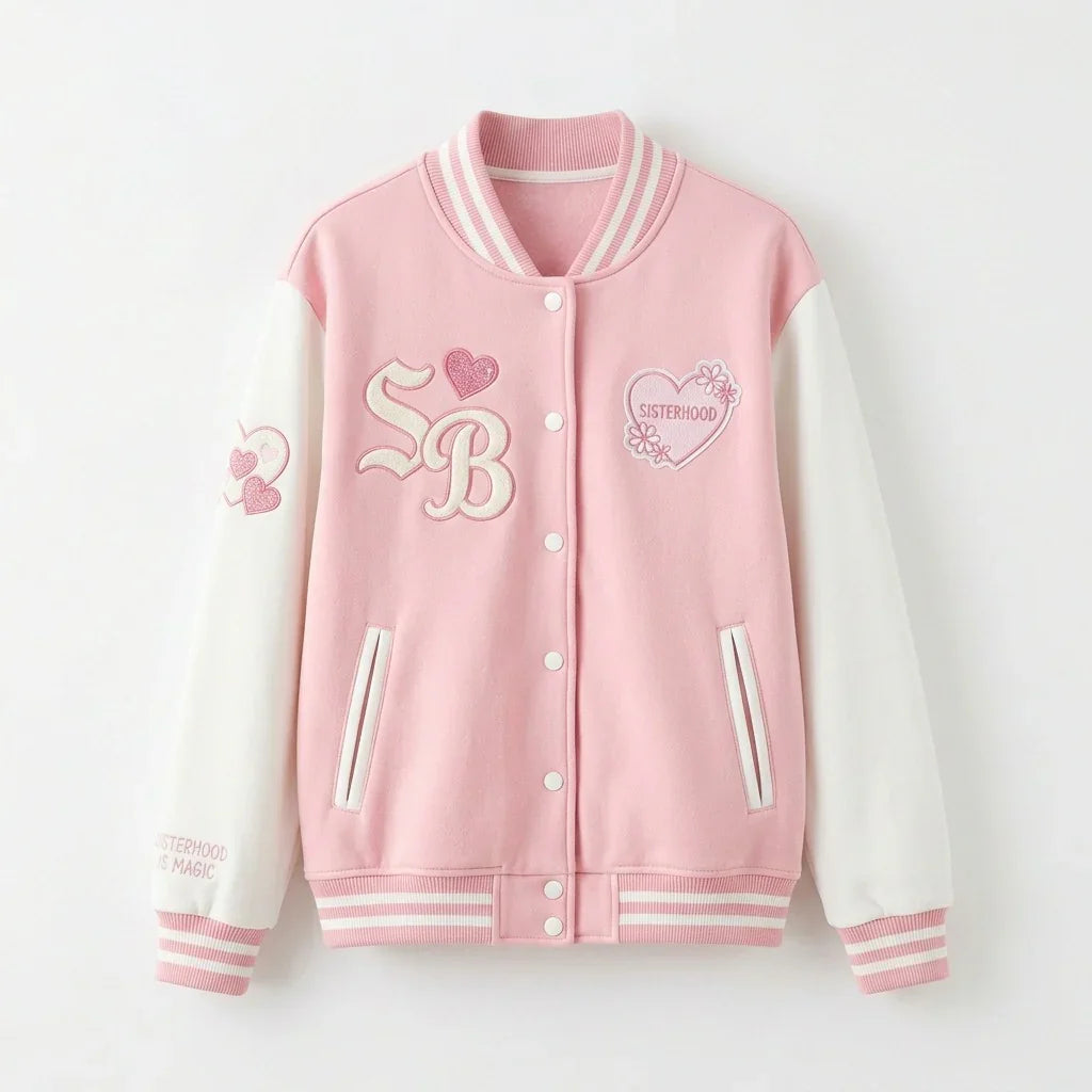 Sisterhood Varsity Jacket by Design My Varsity – Pink Aesthetic Jacket by DesignMyVarsity