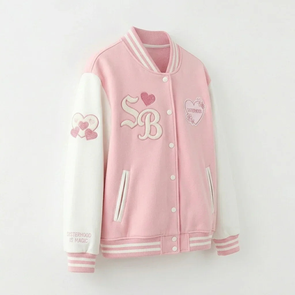 Sisterhood Varsity Jacket by Design My Varsity – Pink Aesthetic Jacket by DesignMyVarsity