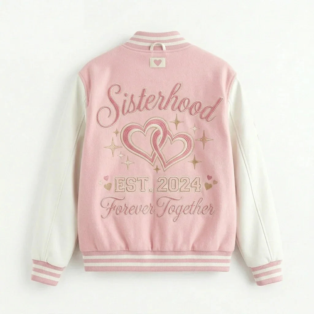 Sisterhood Vibes Varsity Jacket – Pink Sorority Aesthetic Jacket by Design My Varsity by DesignMyVarsity