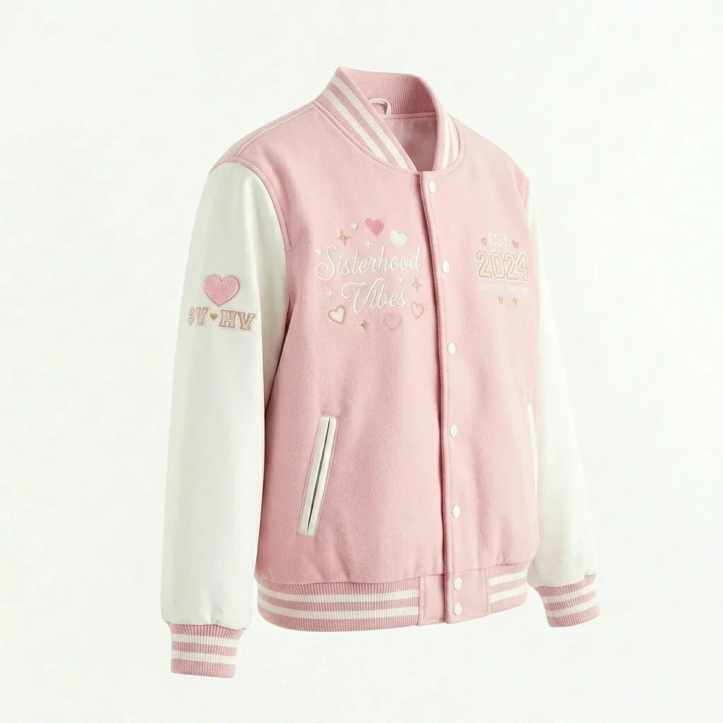 Sisterhood Vibes Varsity Jacket – Pink Sorority Aesthetic Jacket by Design My Varsity by DesignMyVarsity
