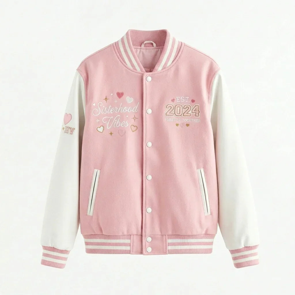 Sisterhood Vibes Varsity Jacket – Pink Sorority Aesthetic Jacket by Design My Varsity by DesignMyVarsity