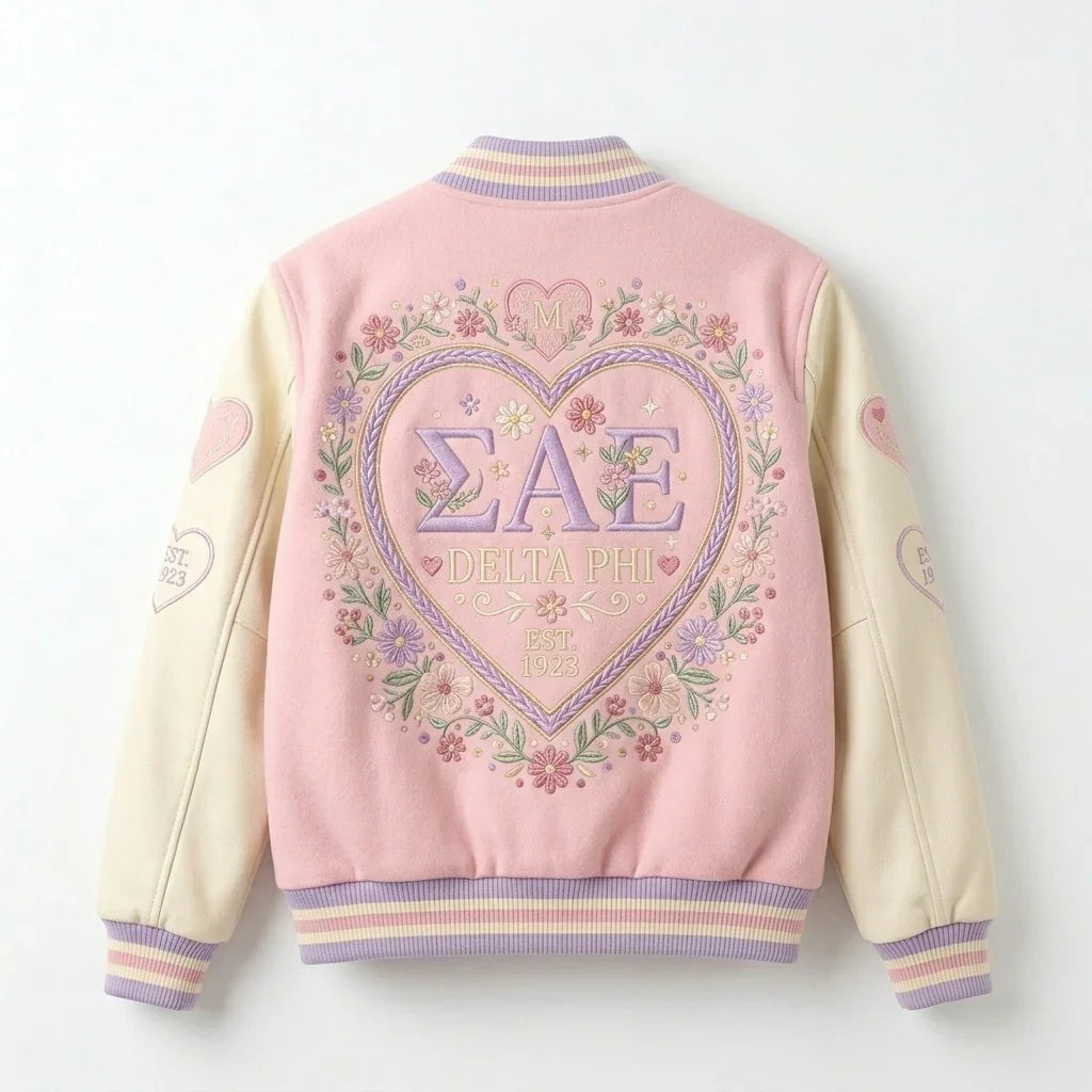Sigma Alpha Epsilon Varsity Jacket – ΣΑΕ Delta Phi Floral Heart Jacket by Design My Varsity by DesignMyVarsity