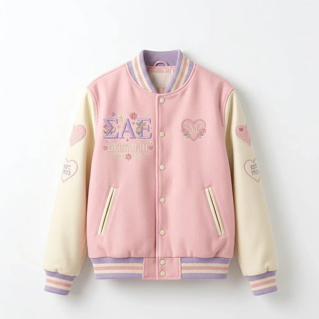 Sigma Alpha Epsilon Varsity Jacket – ΣΑΕ Delta Phi Floral Heart Jacket by Design My Varsity by DesignMyVarsity