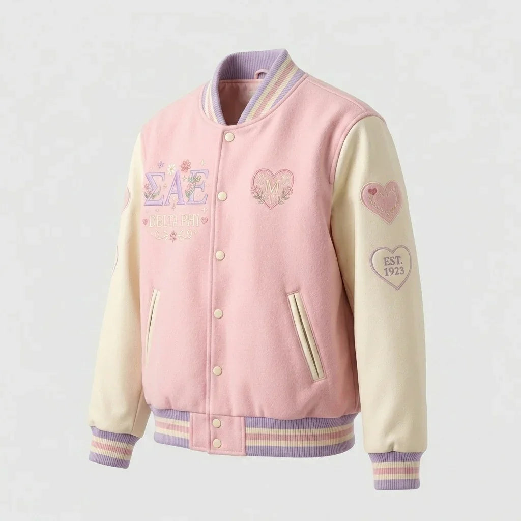 Sigma Alpha Epsilon Varsity Jacket – ΣΑΕ Delta Phi Floral Heart Jacket by Design My Varsity by DesignMyVarsity