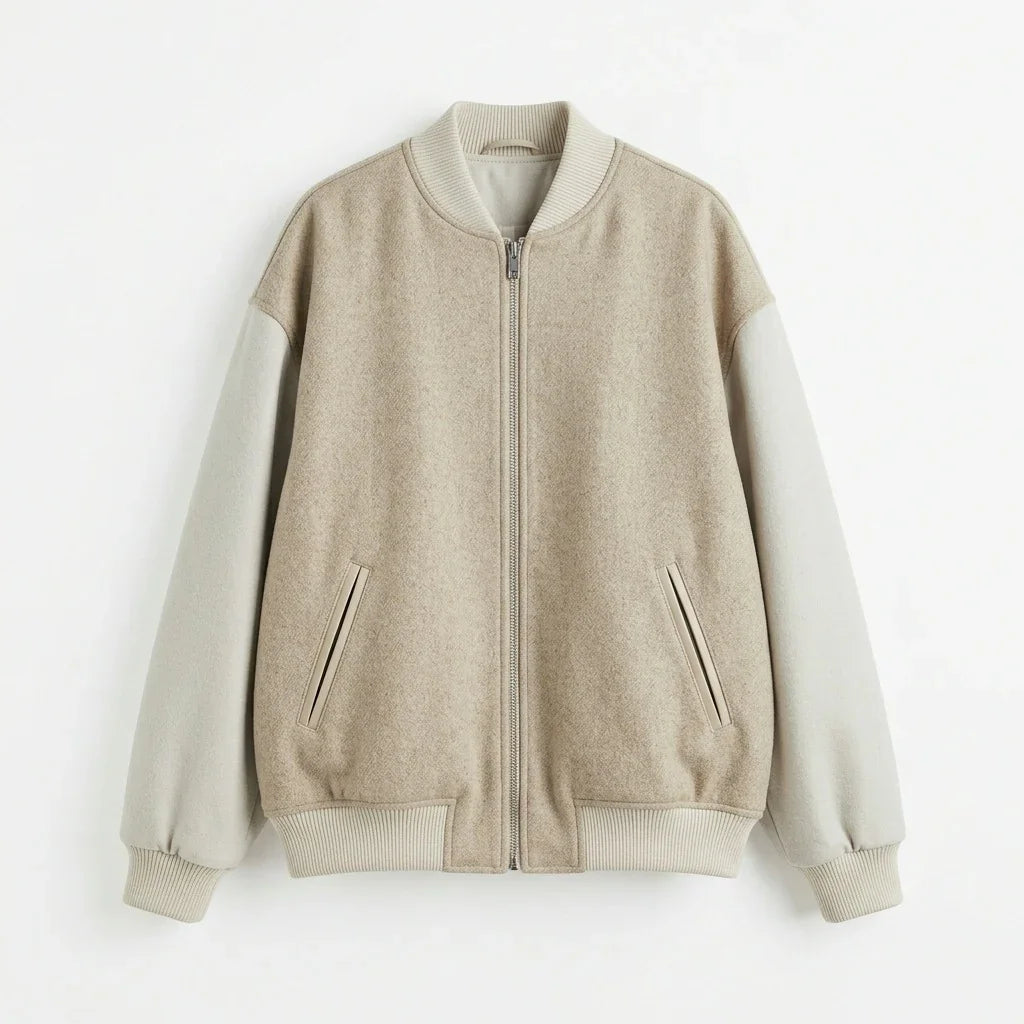 Oversized Minimal Zip Varsity Jacket – Sand Edition by DesignMyVarsity