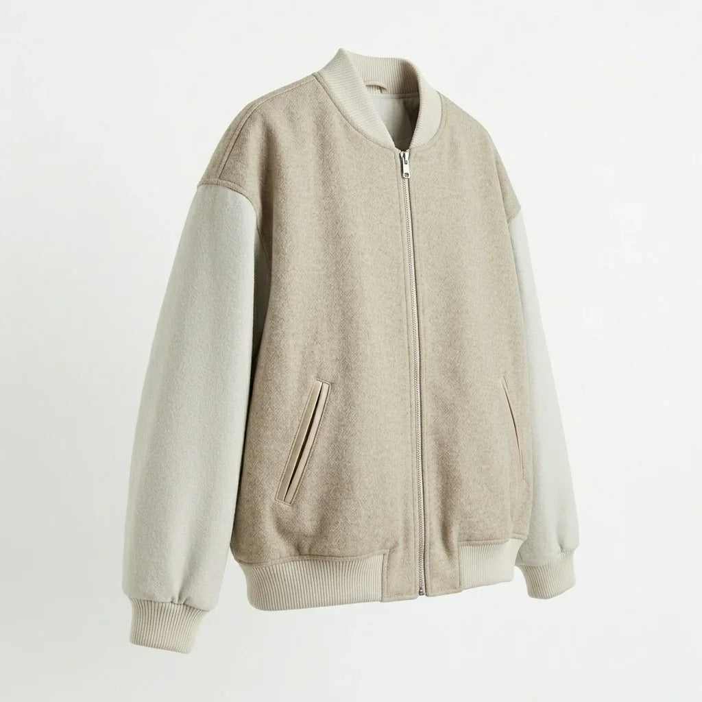 Oversized Minimal Zip Varsity Jacket – Sand Edition by DesignMyVarsity