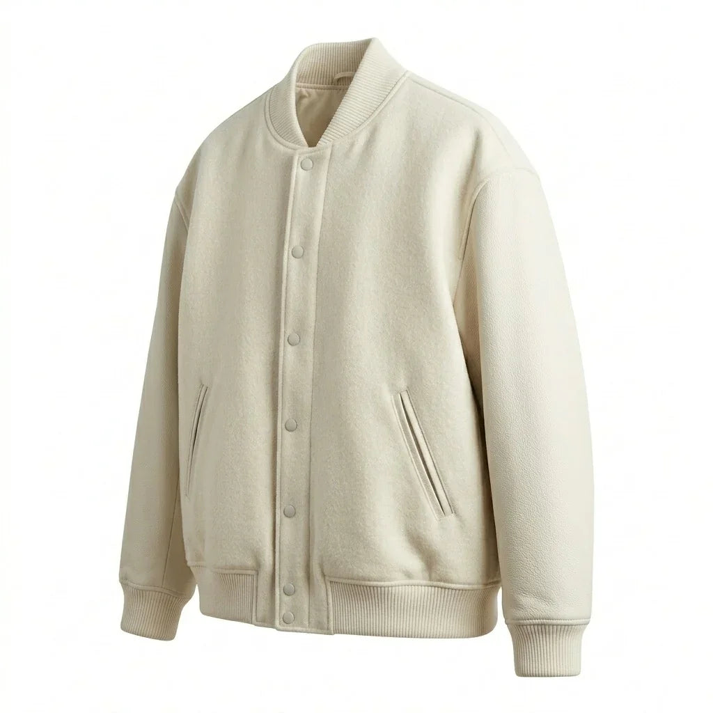 Oversized Cream Varsity Jacket – Minimal Essential by DesignMyVarsity
