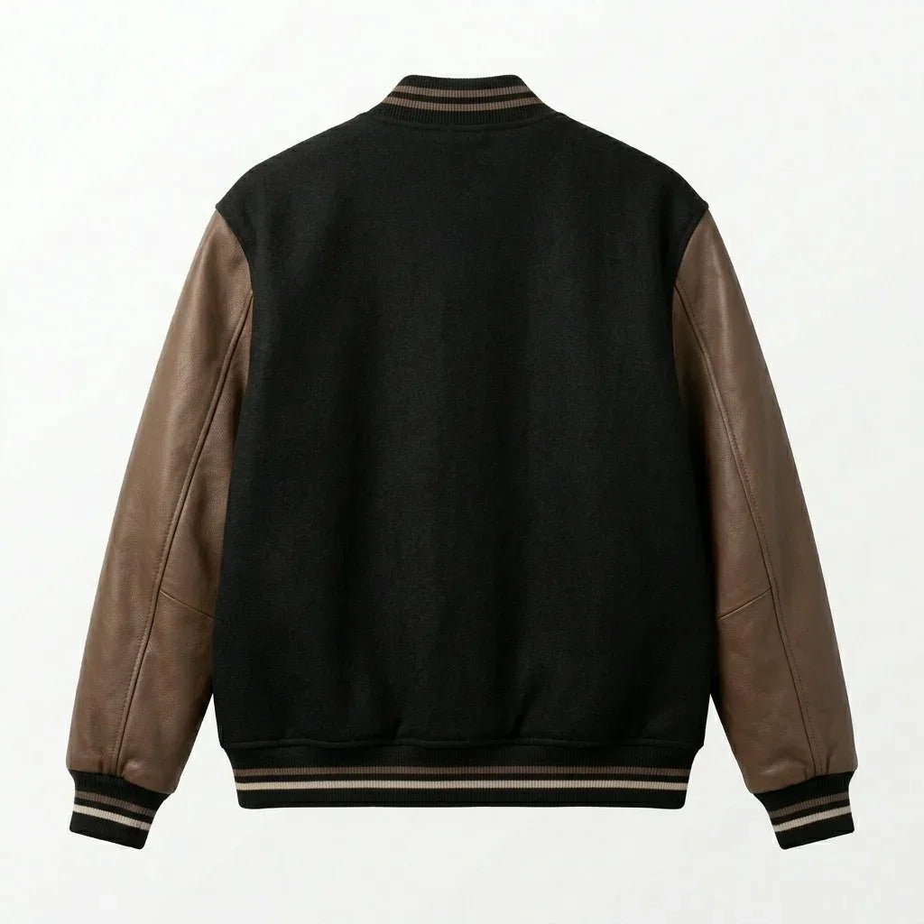 Black Oversized Varsity Jacket with Brown Leather Sleeves by DesignMyVarsity