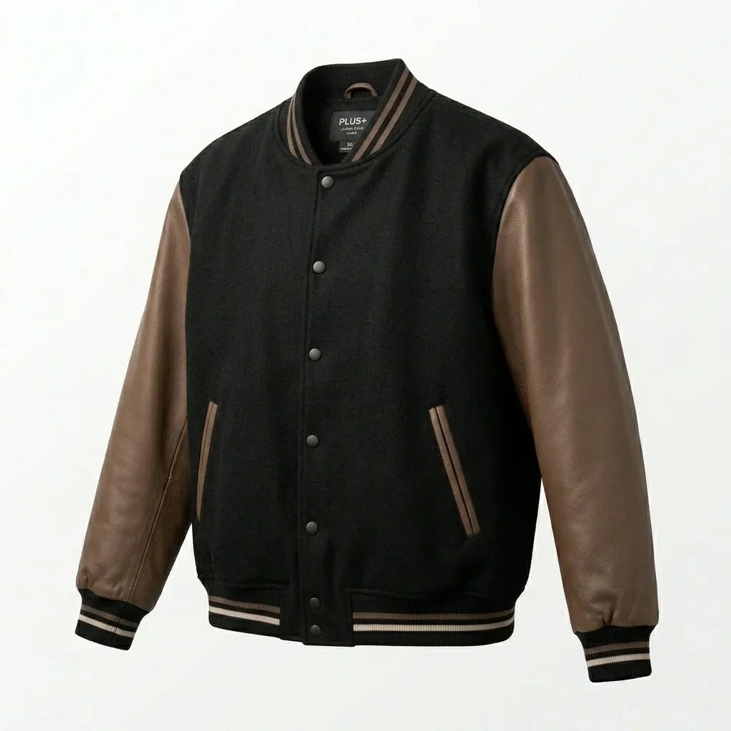 Black Oversized Varsity Jacket with Brown Leather Sleeves by DesignMyVarsity