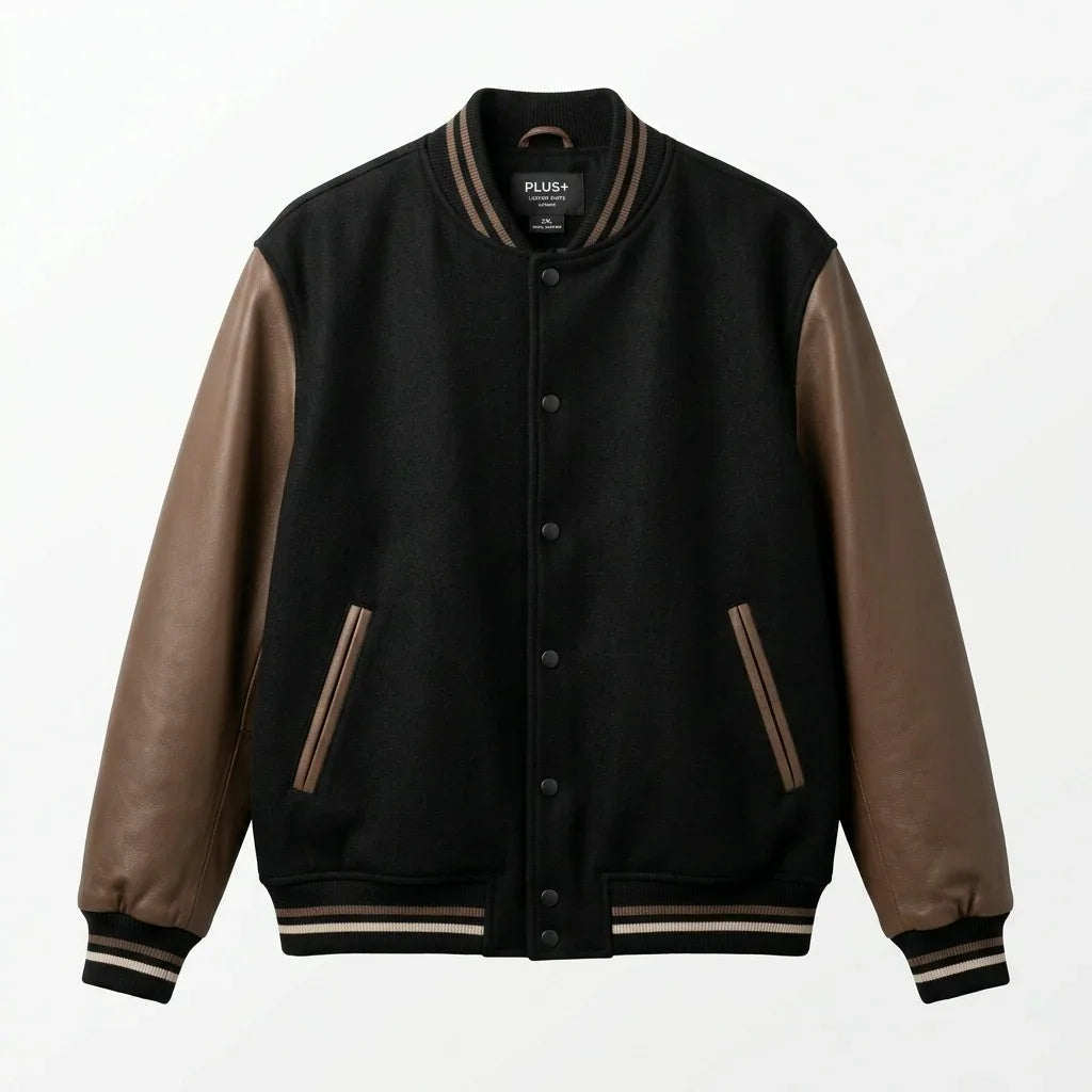 Black Oversized Varsity Jacket with Brown Leather Sleeves by DesignMyVarsity